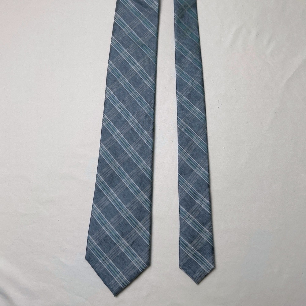 Calvin Klein Men Horizon Windowpane Silk Linen Necktie OS Blue Preppy Formal NEW